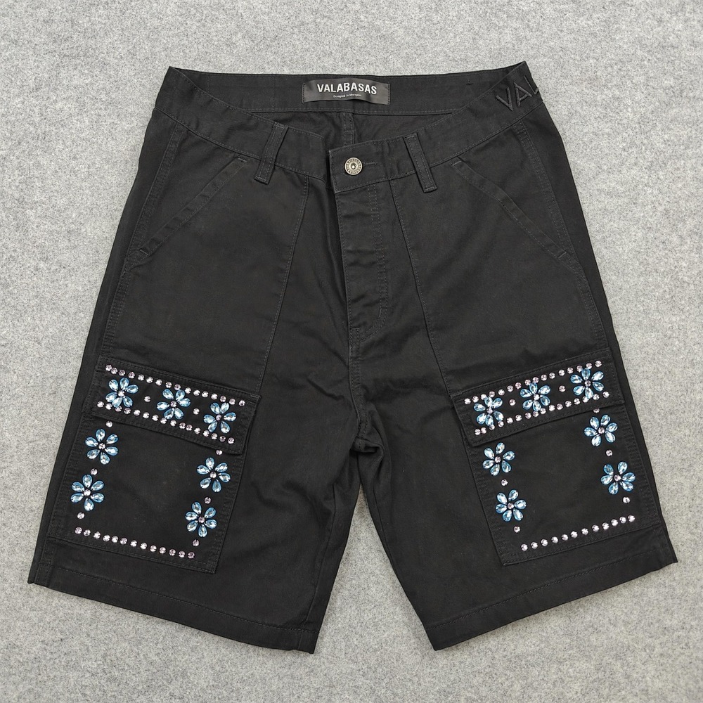Valabasas Cargo Shorts Mens 32 Black Floral Rhinestone Canvas Streetwear Pockets